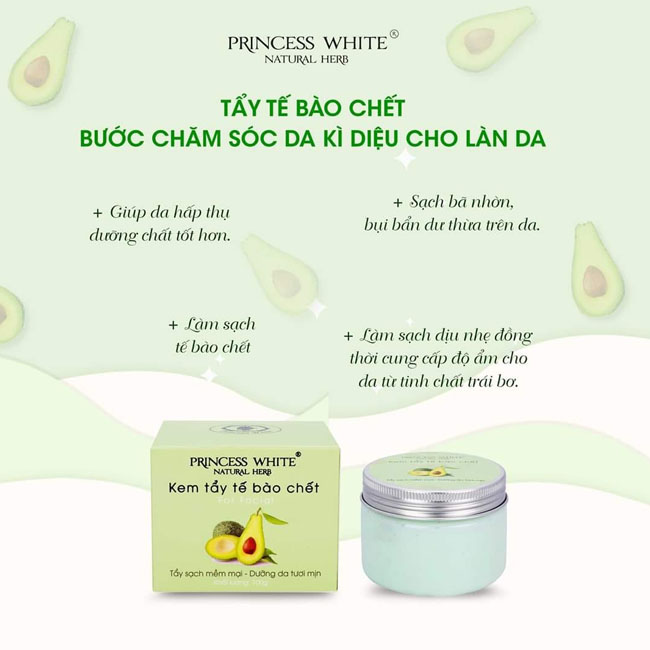 Kem Tẩy tế bào chết mặt từ Trái Bơ Princess white 150g loại bỏ bụi bẩn, mụn đầu đen trên da