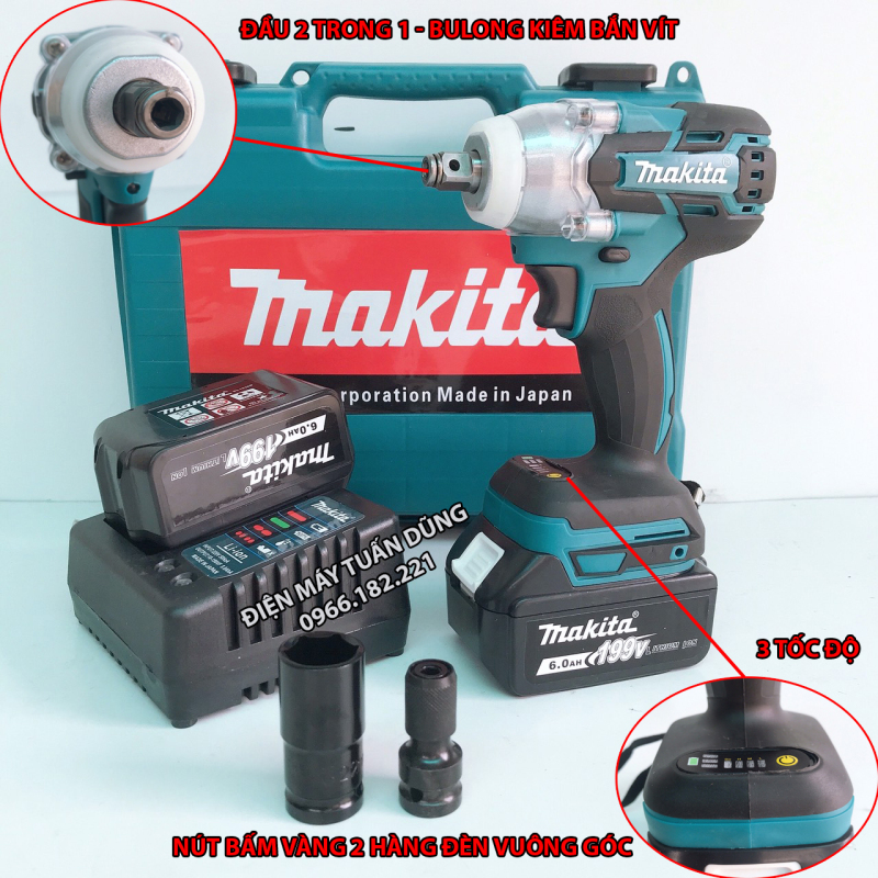 Máy bắn bulong Makita 199V Lực siết 500Nm Động cơ KHÔNG CHỔI THAN TẶNG ĐẦU CHUYỂN VÍT