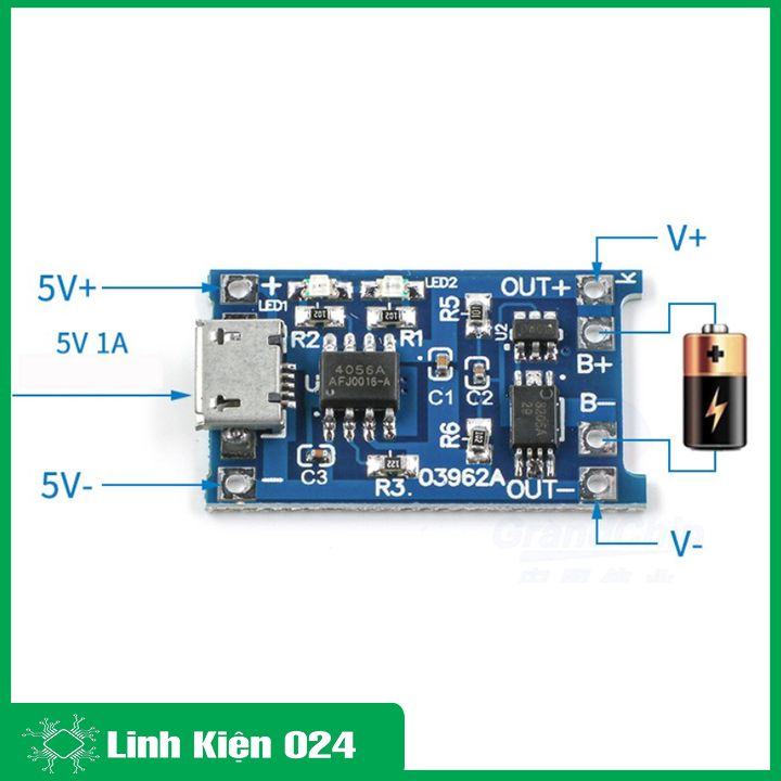 Module sạc pin TP4056 1A MICRO V2 - IC bảo vệ quá dòng quá áp