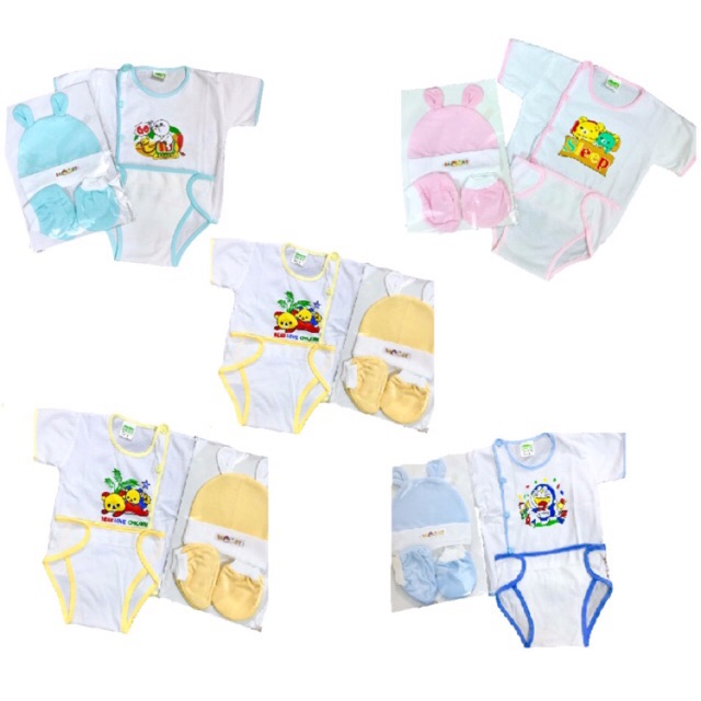 [HCM]Combo 5 Set Đồ Sơ Sinh Bossini Cho Bé (5 Áo Trắng Bác Sĩ 5 Tã Vải 5 Nón 5 Đôi Bao Tay Chân)