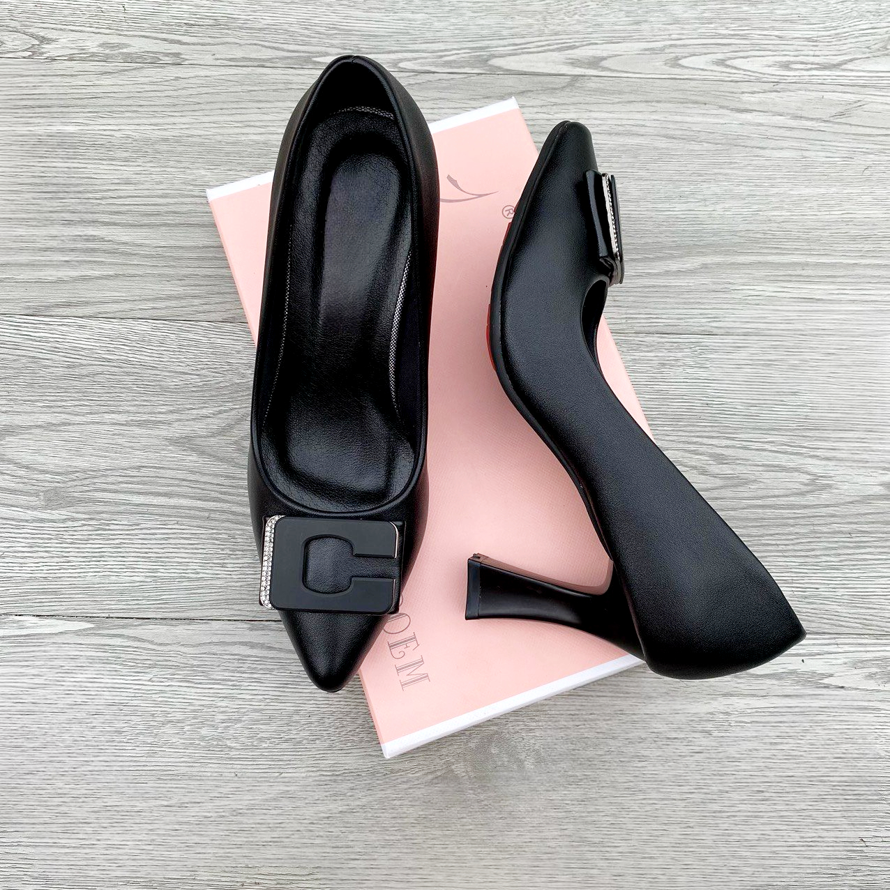 Giày cao gót mũi nhọn gót loe đính mác 5 cm, 7cm