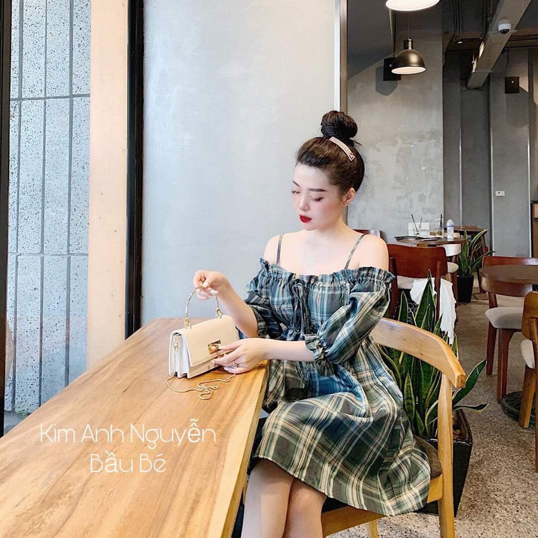 Đầm caro trễ vai tay lỡ rút eo #damcarotrevaitaylo
