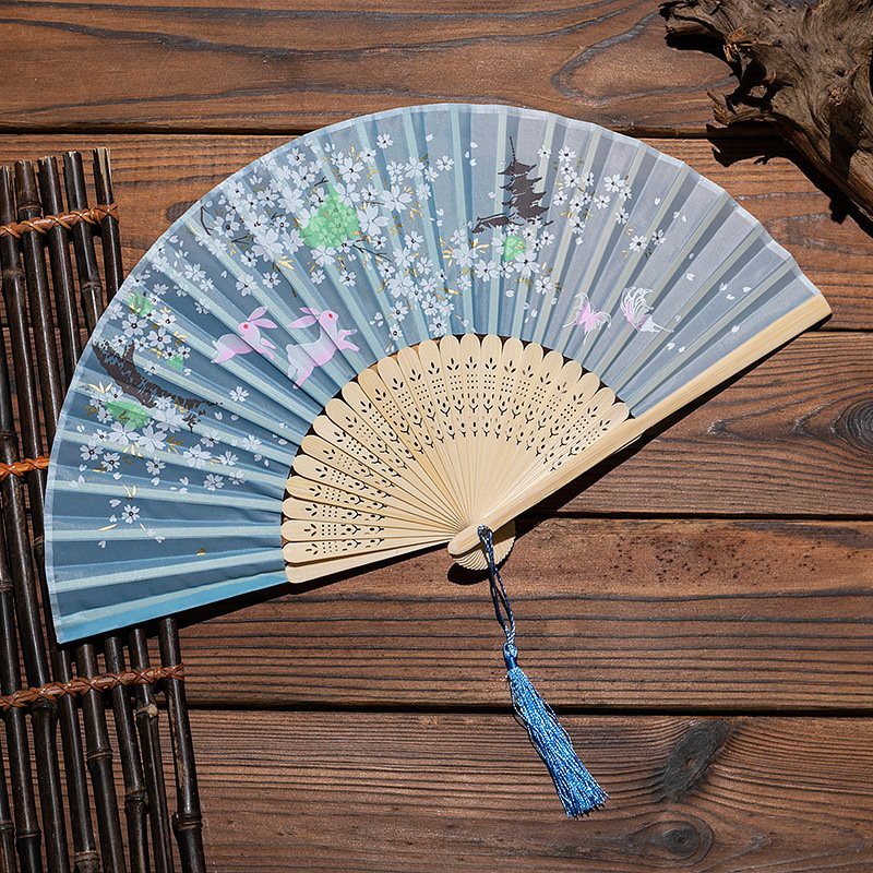 ( 50k) Quạt cổ trang dây tuyến đen lá liễu hồng xám quạt xếp cầm tay phong cách Trung Quốc phong cách cổ trang cổ điển