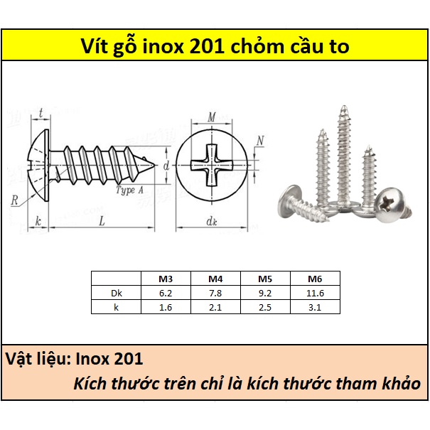 Vít bắt gỗ inox 201 chỏm cầu to M5 (Túi 10)
