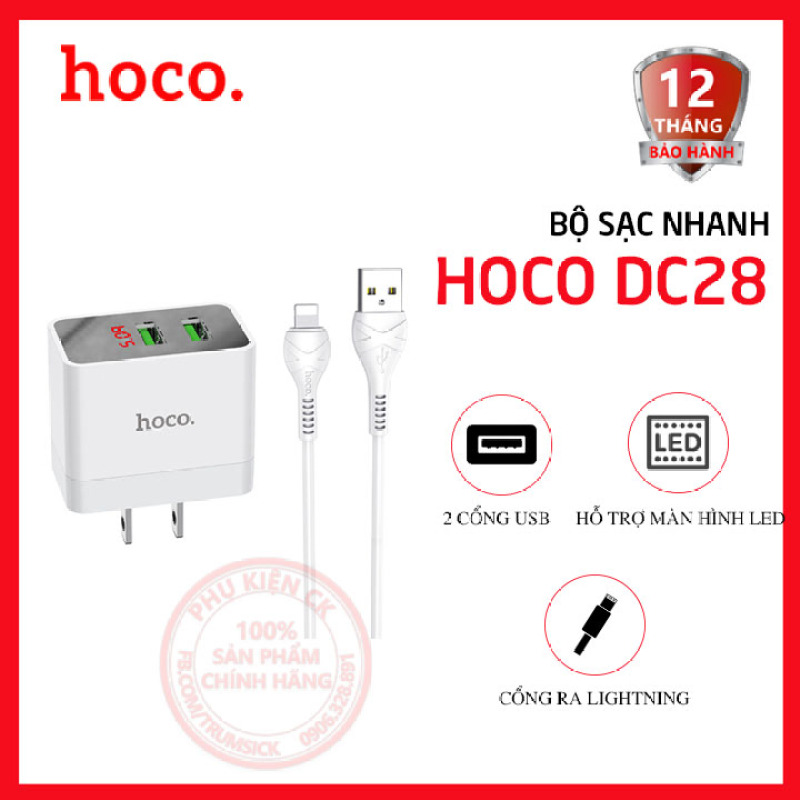 Bộ sạc nhanh Hoco DC28 2 cổng USB 5.0A màn hình led kèm cáp Lightning dài 1m
