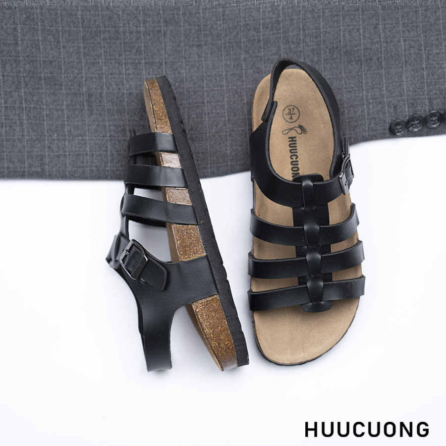 Giày Sandal đế trấu unisex chiến binh da pu đen