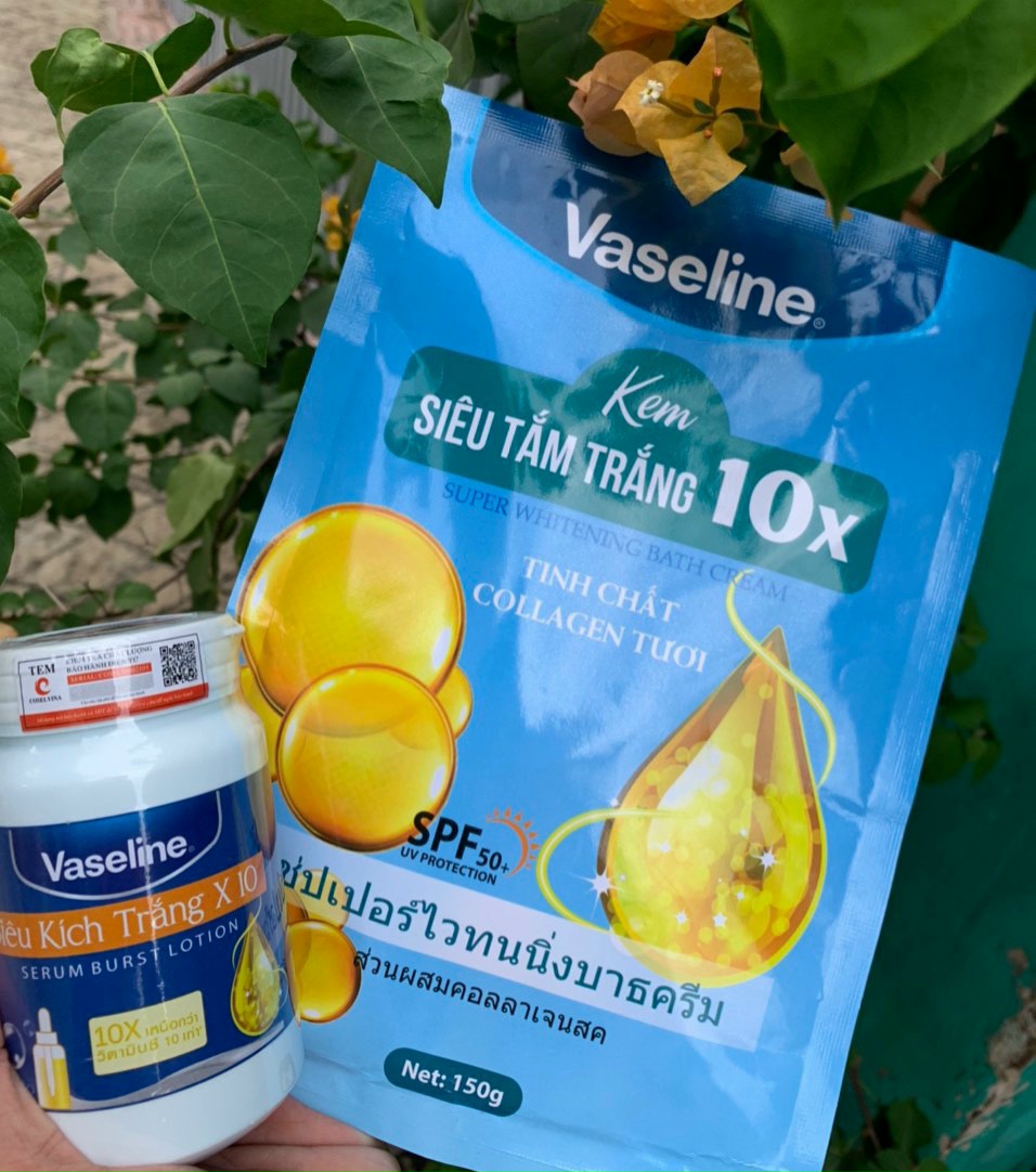 Combo siêu kích trắng x10 và tắm trắng mạnh vaseline xanh