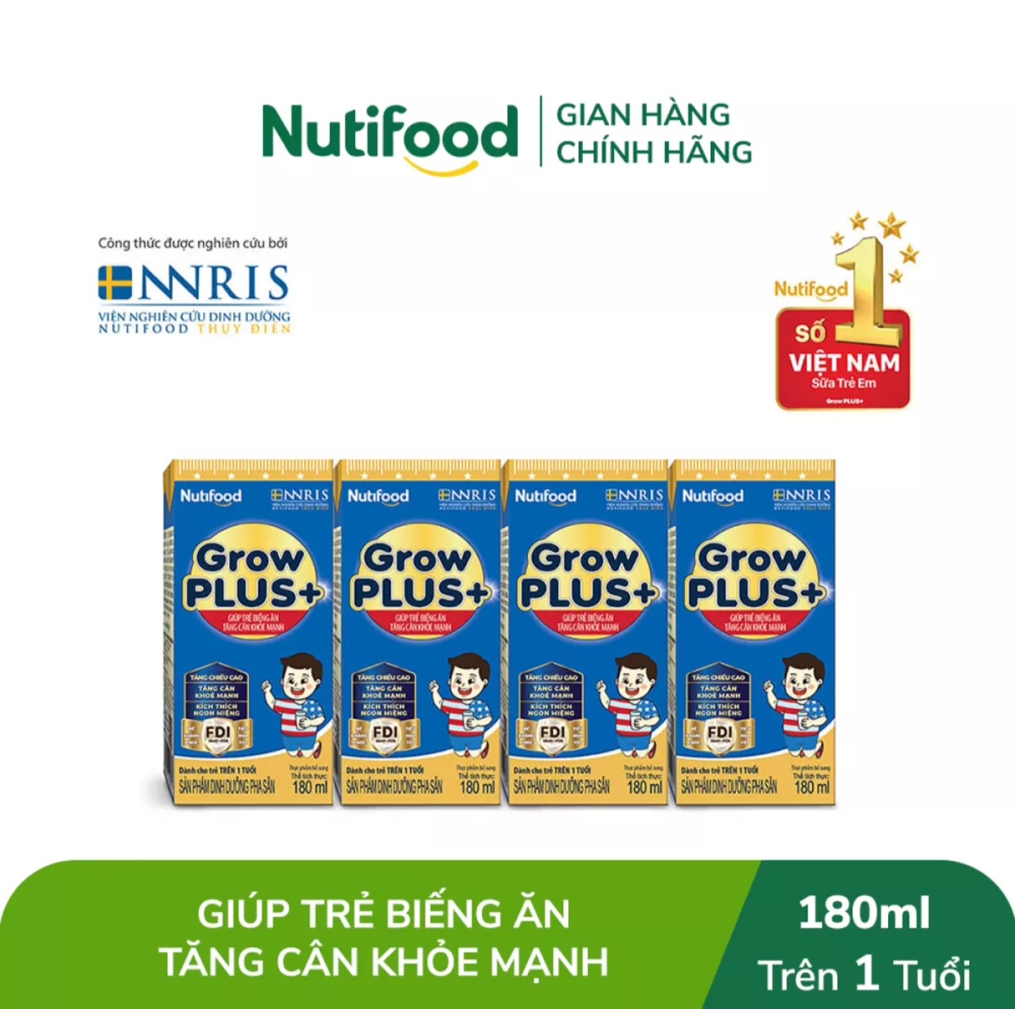 Thùng 48 Hộp Sữa Bột Pha Sẵn NutiFood Grow Plus 1+ {Xanh} (180ml).