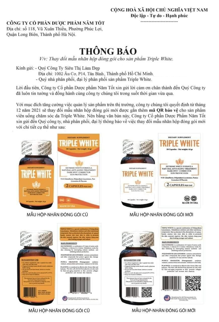 Viên Uống Hỗ Trợ Trắng Da Triple White (Mẫu mới)