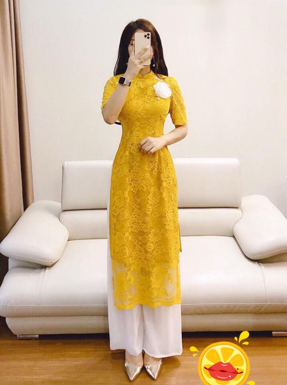 Áo dài cách tân ren phối 1 hoa trắng quần trắng cao cấp - KHÔNG KÈM QUẦN