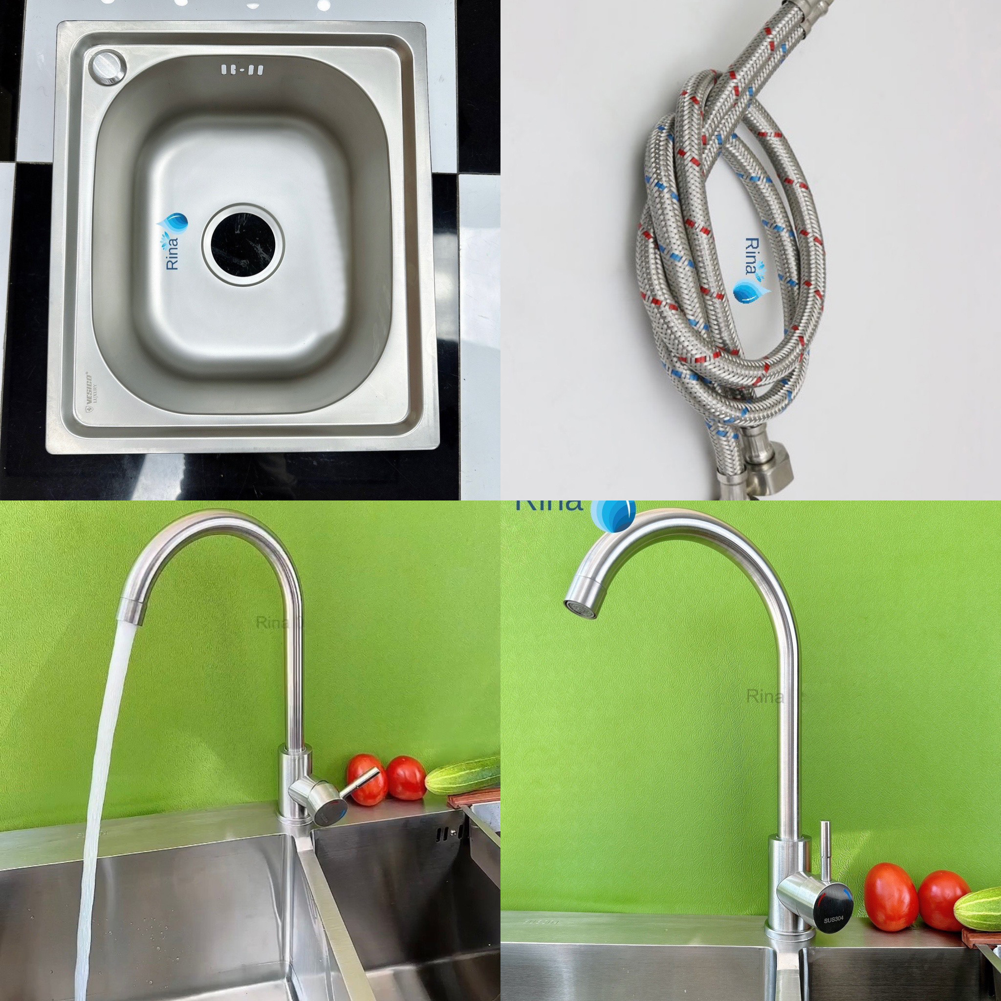 Bồn chậu rửa chén bát inox 1 học rina c07 kt 60x43 và 42x37, bồn rửa chén 1 hộc tặng bộ xả inox