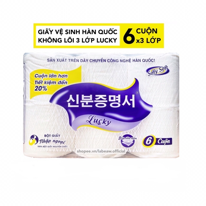 Giấy vệ sinh công nghệ hàn quốc lucky - giấy vệ sinh 1 lốc 6 cuộn 3 lớp không lõi loại cao cấp