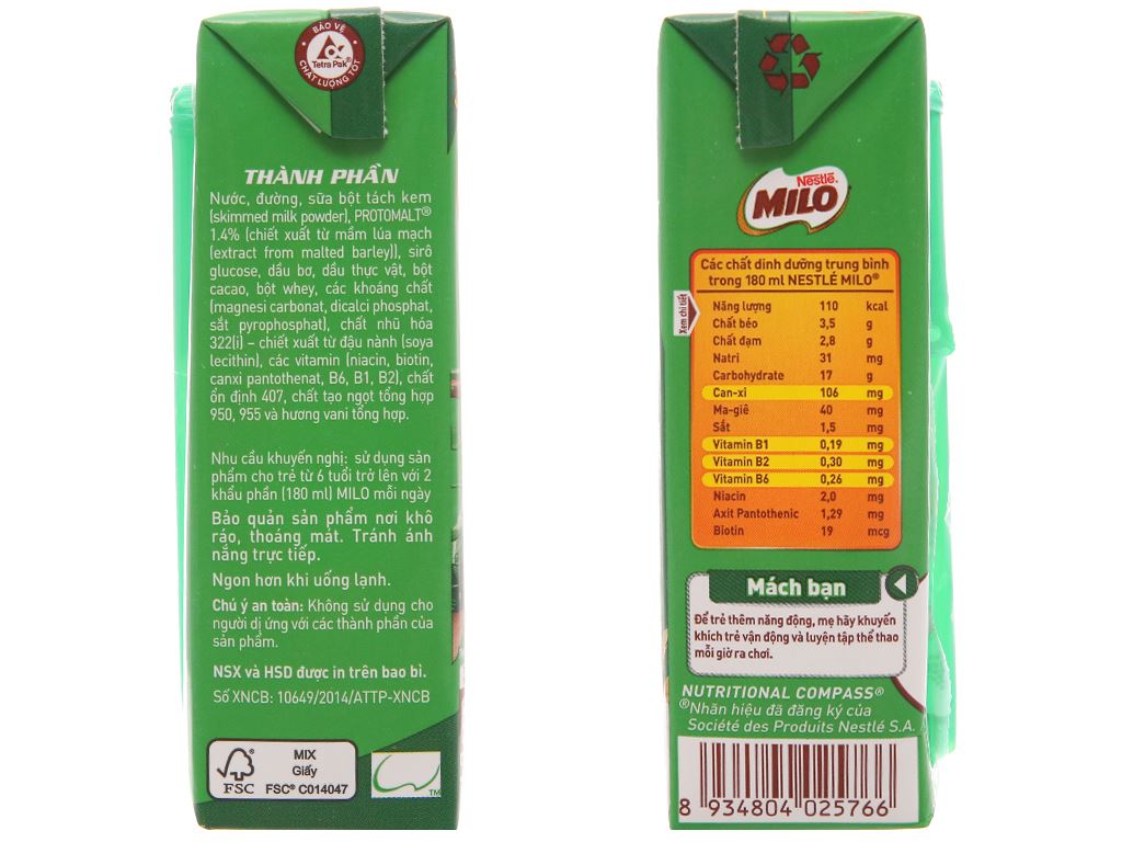 Lốc Sữa Nestle Milo lúa mạch hộp 180ml