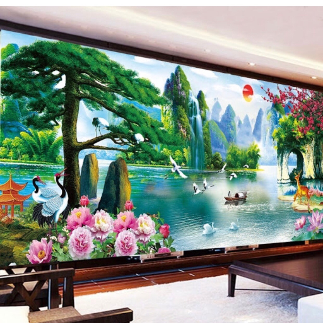 [HCM]Tranh thêu chữ thập non nước hữu tình kt 200x90 cm THÊU KÍN