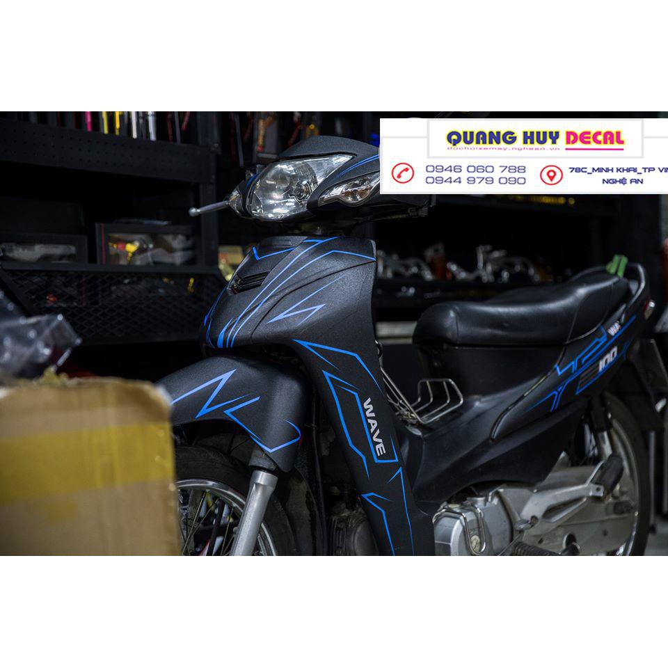 Tem trùm wave đen chỉ xanh alpha 100, team trùm wave đẹp, độ tem wave, tem dán xe máy wave, decal wave, tem trùm wave rẻ đẹp