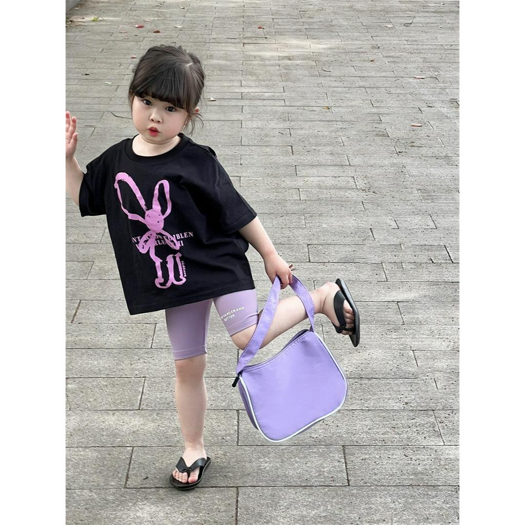 Bộ quần áo legging thỏ tím cho bé gái, set áo phông quần đùi legging siêu co dãn chất bozip trẻ em, unisex, TP KIDS