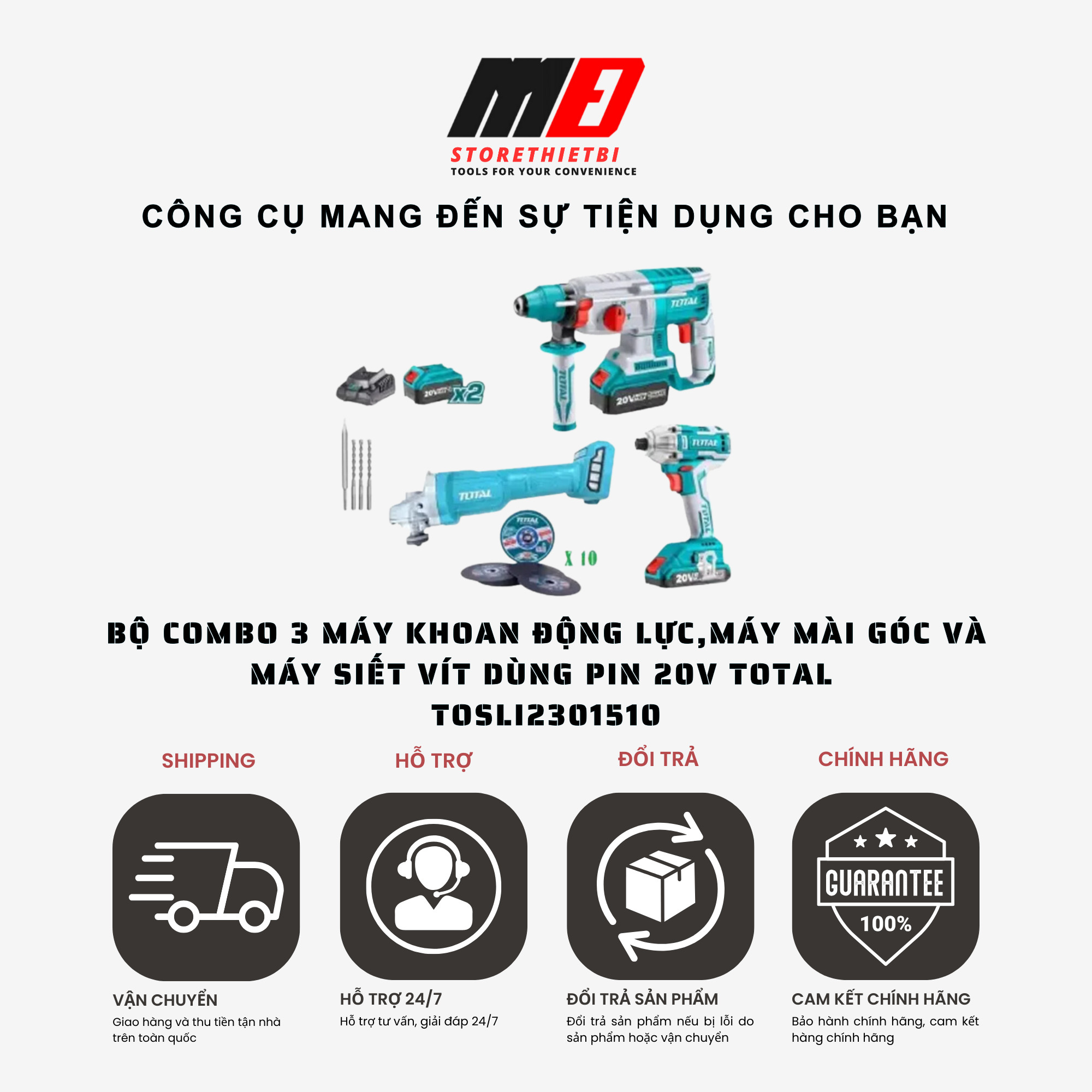 Bộ combo 3 máy khoan động lực, máy mài góc và máy siết vít dùng pin 20v total tosli2301510