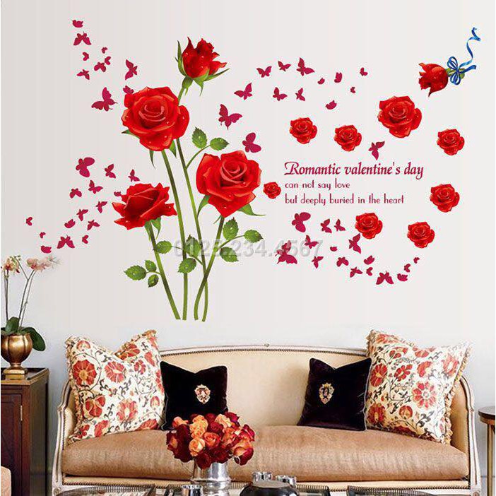 Decal dán tường hoa hồng đỏ - decal tranh trí, tranh dán tường những bông hoa hồng đỏ rực siêu đẹp