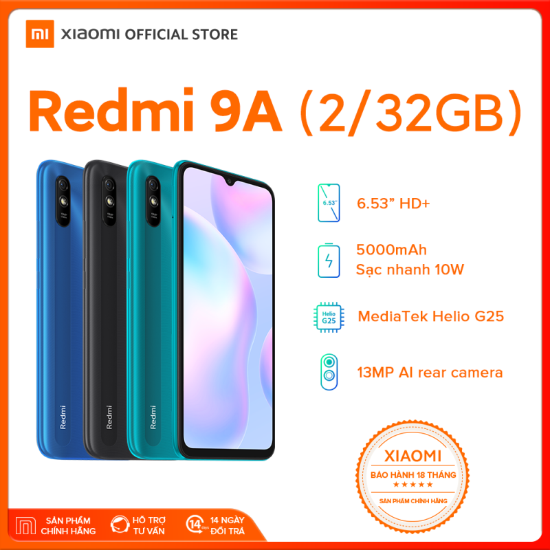 [XIAOMI OFFICIAL] Điện thoại Xiaomi Redmi 9A 2GB/32GB - Chip MediaTek Helio G25 8 nhân (12 nm), Màn hình 6.53 HD+, Camera 13MP, Pin 5000 mAh, Cảm biến nhận diện khuôn mặt - BH Chính hãng 18 tháng