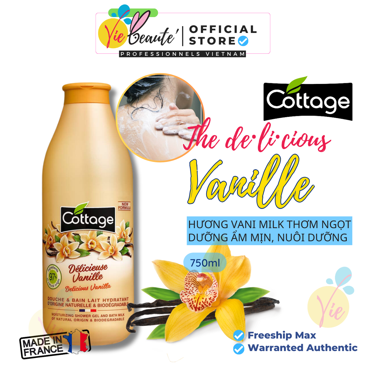 Sữa tắm Cottage Shower Bath and Moisturising Milk Delicious Vanilla 750ml
