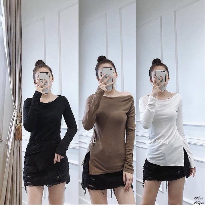 ÁO THUN NỮ CỔ THUYỀN XẺ TÀ DÀI TAY PHONG CÁCH HÀN QUỐC