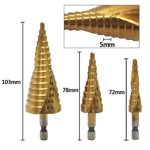 [HCM]Bộ 3 mũi khoan tháp dạng xoắn 4-32mm titanium cao cấp Bộ mũi khoan bước4-32mm Tạo lỗ tròn đều trên các vật liệu mỏng hơn 6mm. Tạo được15 bước đường kính lỗ khác nhau từ 4mm đến 32mm.