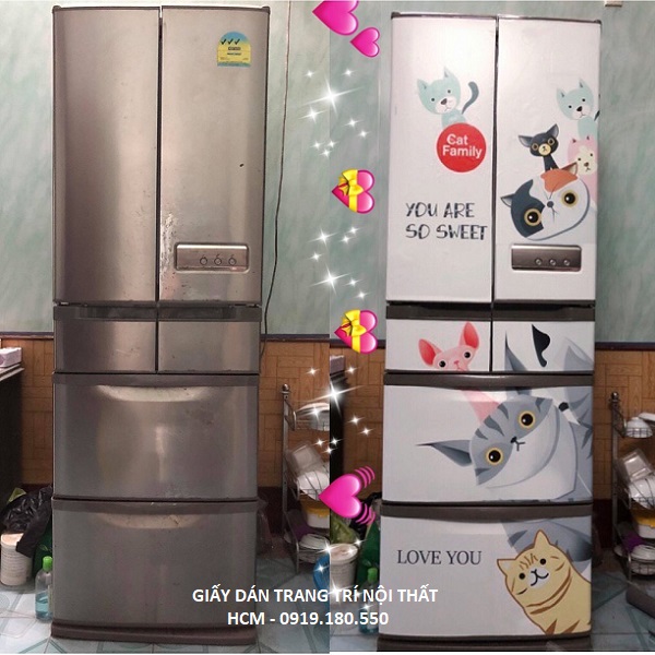 [HCM]Giấy Decal Dán Tủ Lạnh GIA ĐÌNH MÈO Kute - THUTHAODECOR