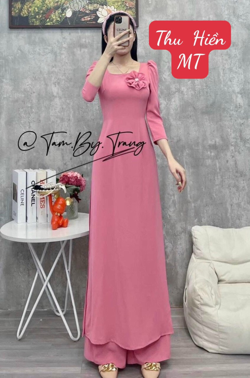 ÁO DÀI TRƠN CỔ VUÔNG TAY PHỒNG LỤA MỸ CAO CẤP