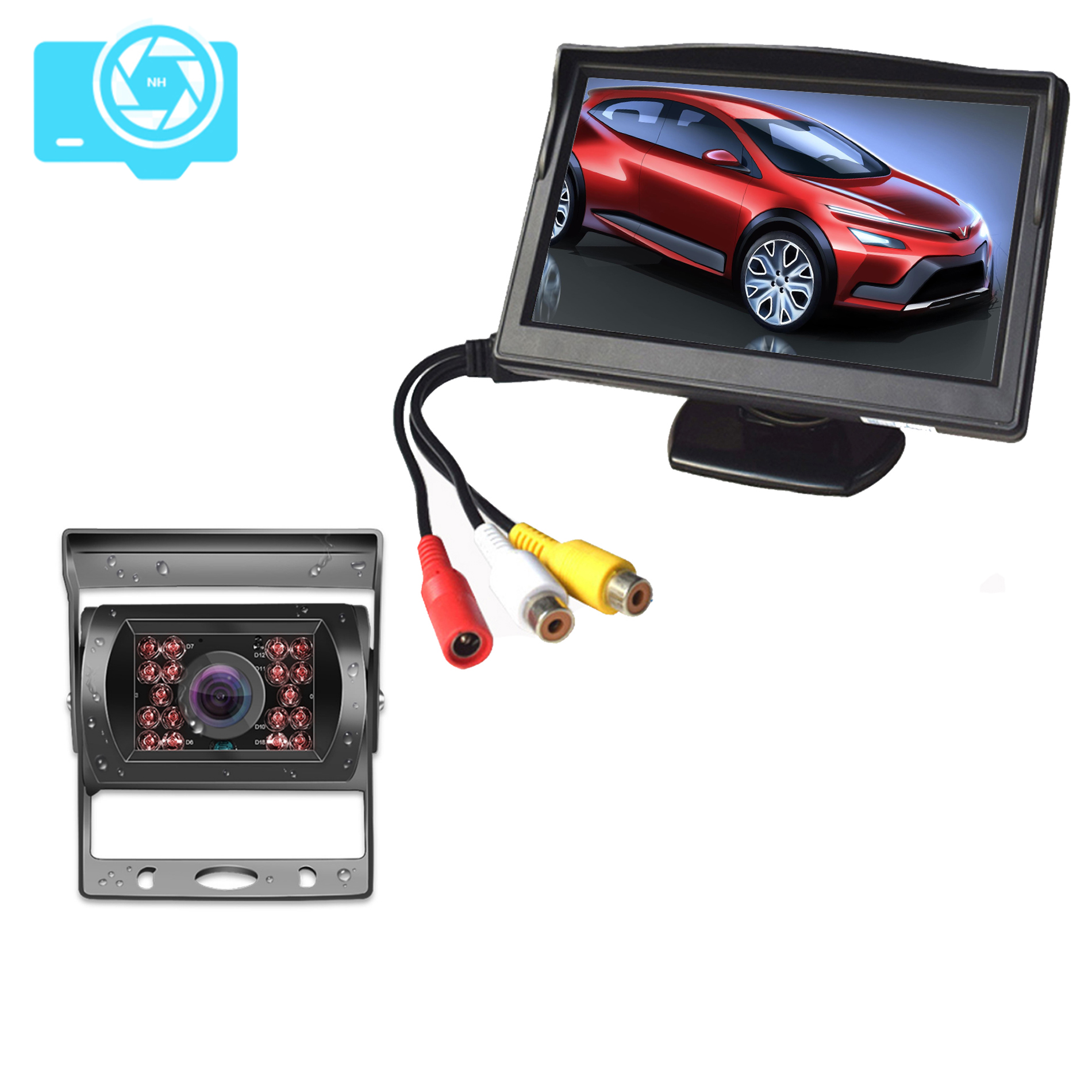 Bộ Camera lùi hồng ngoại và màn hình taplo, màn hình LCD 5 inch, camera lùi 18 bóng hồng ngoại, dùng nguồn 12-24V, dây tín hiệu 10m, lắp cho xe tải, xe khách