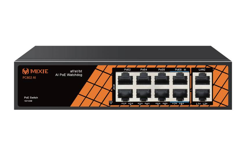 SWITCH POE MIXIE PC-802 AI 8 cổng LAN POE và 2 cổng Uplink