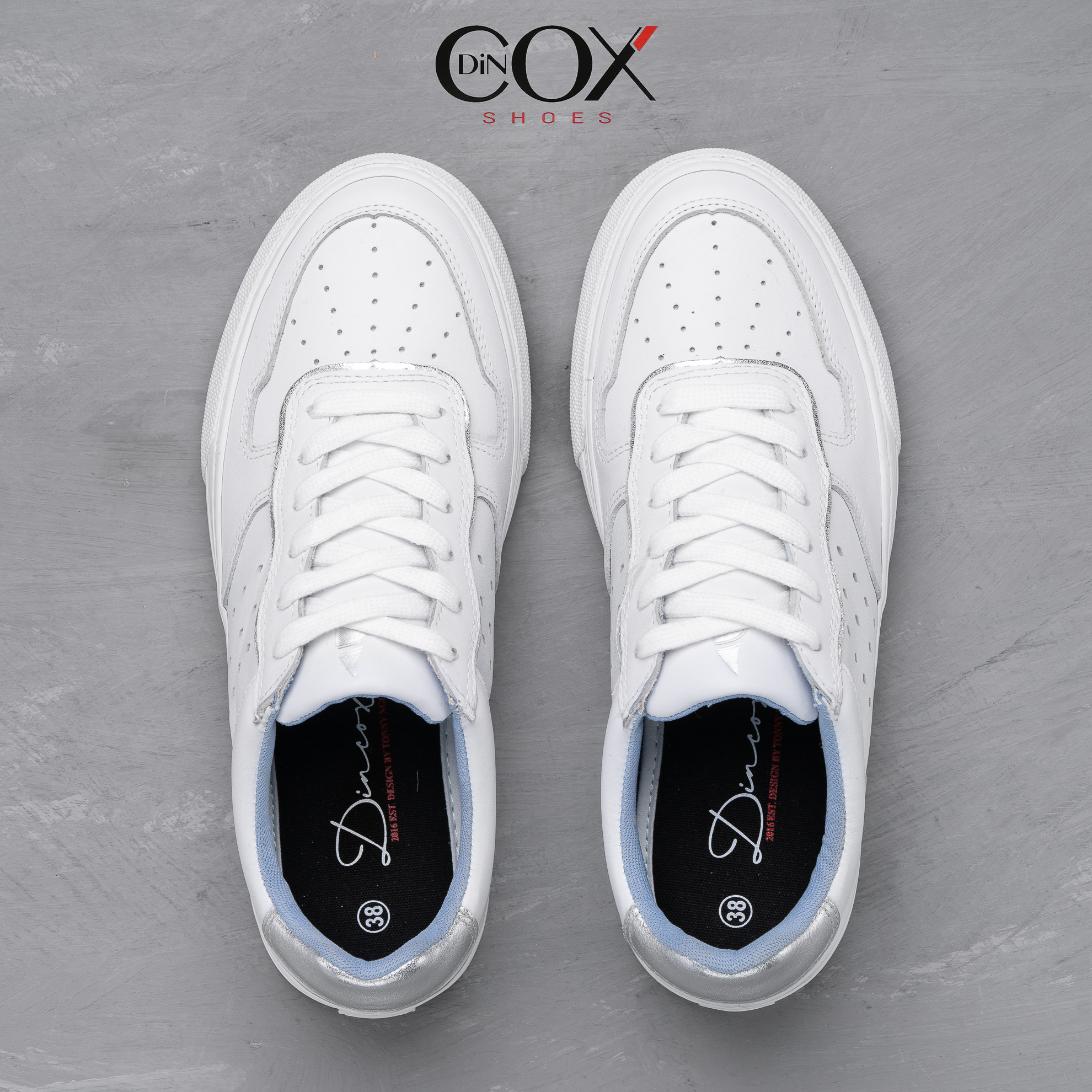 Giày Sneaker Da Bò Thật Nữ DINCOX E03 White Silver Sang Trọng