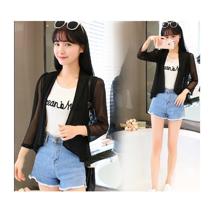 Áo khoác kimono voan  trơn cổ vest