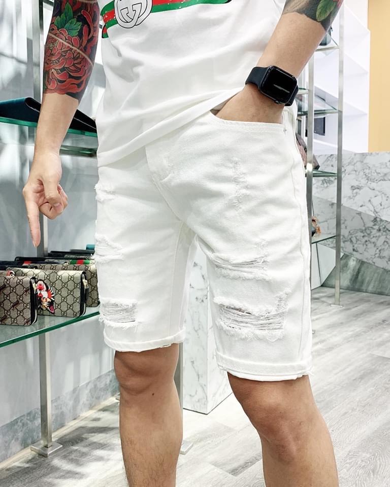 Quần short jean nam chất bò 2 màu trắng đen rách vá form chuẩn dáng body cao cấp