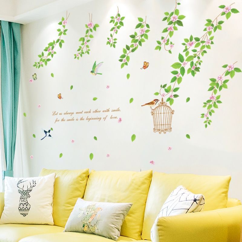 Decal dán tường dây hoa và lồng chim,