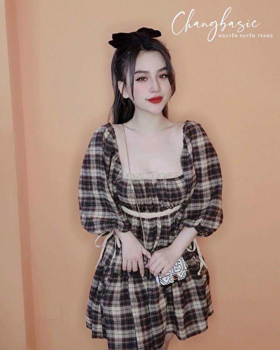 [HCM-CHUYÊN SỈ & LẺ THỜI TRANG] đầm babydoll xòe caro tay phồng cổ vuông dễ thương đáng yêu