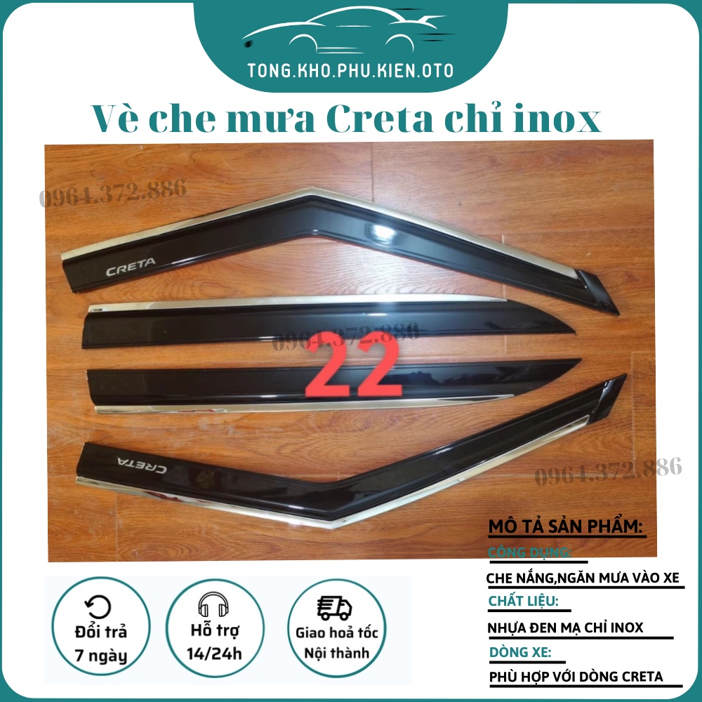 Vè che mưa chỉ inox xe huyndai creta 2022- 2023-2024 chỉ inox 304 sáng bóng hàng cao cấp