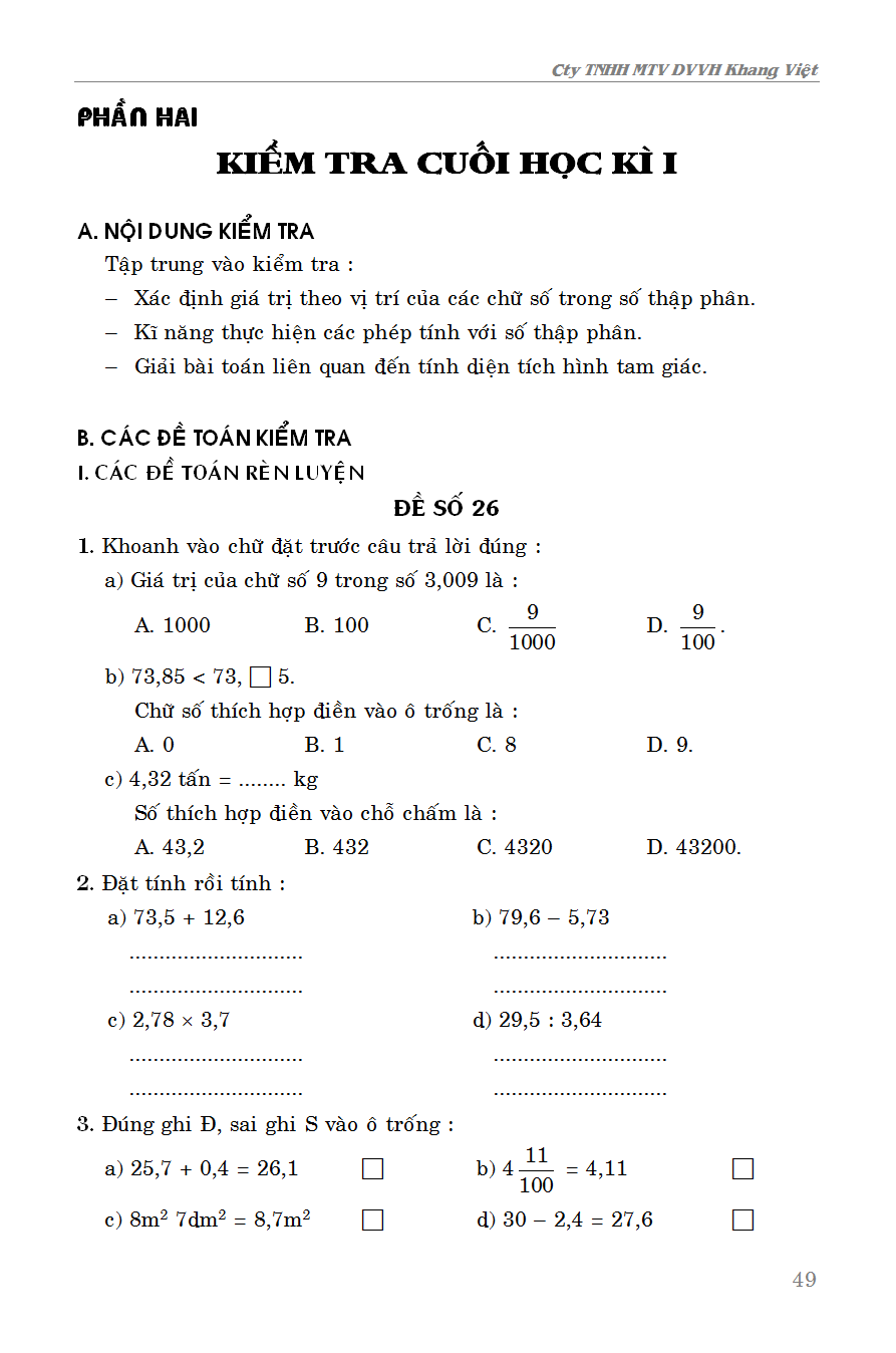 Sách 100 ĐỀ KIỂM TRA TOÁN LỚP 5