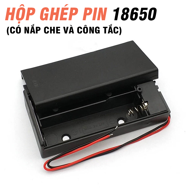Hộp đựng 2 pin 3.7V 18650 nối tiếp có nắp đậy và công tắc tắt mở nguồn ra 7.4v