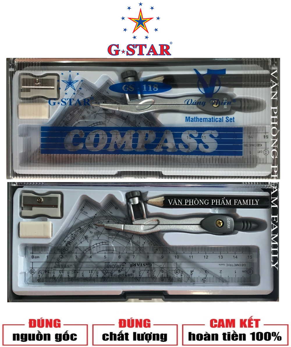 Compa bộ G-STAR gồm 8 món bộ dụng cụ học sinh Bộ sản phẩm được đựng trong hộp nhựa có kiểu dáng sang trọng, chất liệu cứng cáp, dễ dàng cất giữ và bảo quản