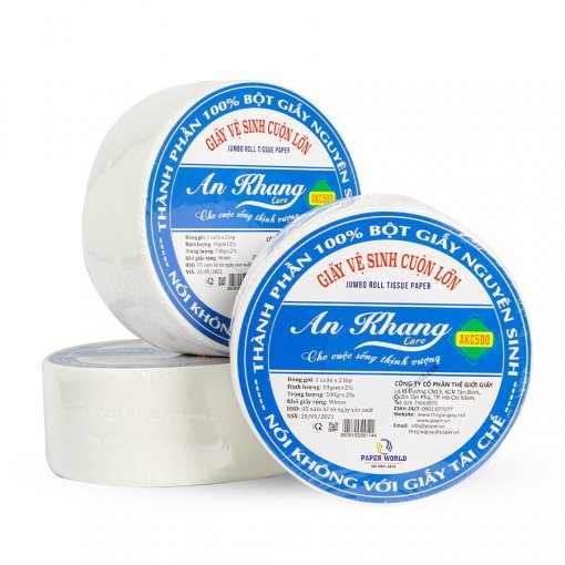 Giấy vệ sinh cuộn lớn 2 lớp AN KHANG CARO 100% bột giấy nguyên sinh AKC500