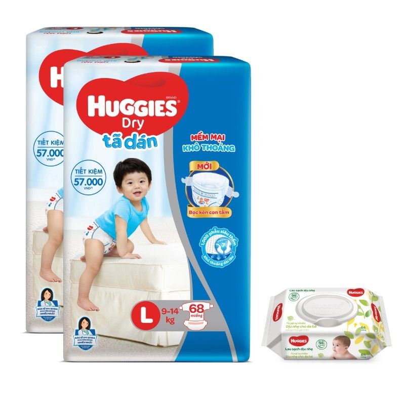 combo 2 dán Huggies Dry Super Jumbo M76/L68/