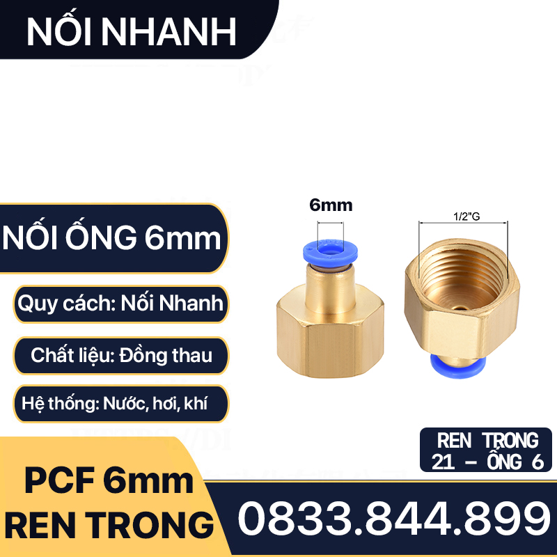 Nối Nhanh Ống 6mm, Đầu Nối Nhanh Ren Trong M5 9.6 13 17 21 Nối Ống 6 ly - Đồng Thau