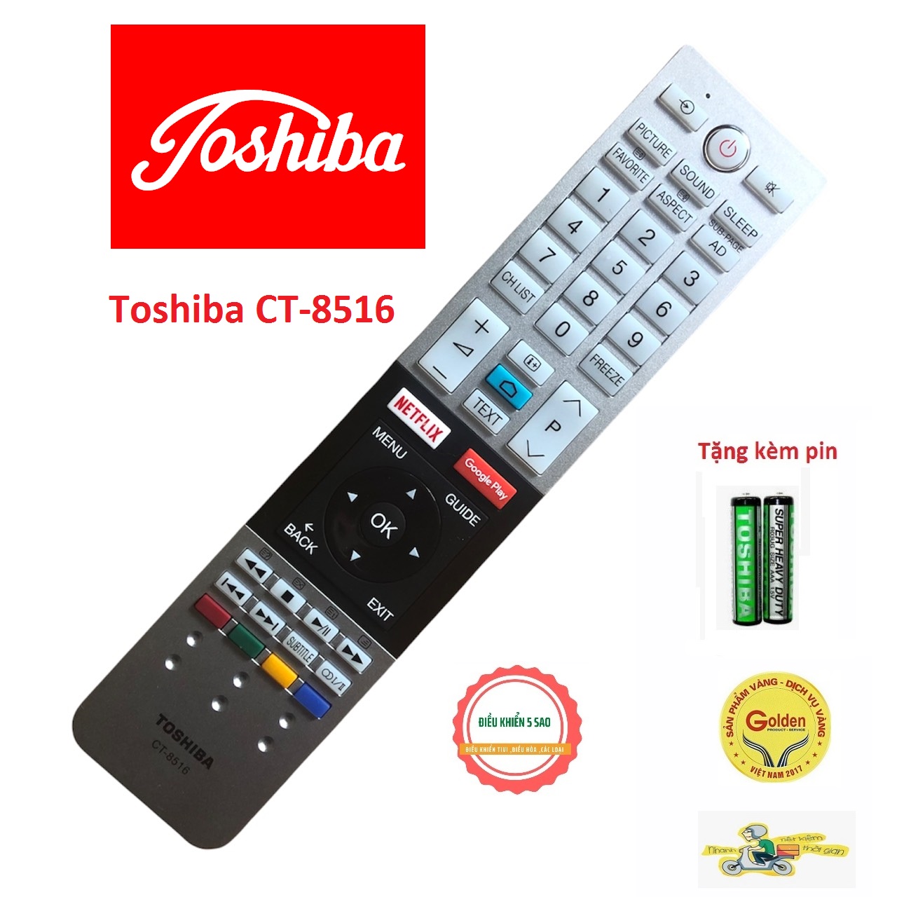Điều khiển tivi toshiba ct-8516 smart internet loại tốt zin theo máy sử dụng cho các dòng khiển mặt trắng dài của tivi toshiba tặng kèm pin - remote ct-8514, ct-8515, ct-8521 cho dòng u7750 và u9750