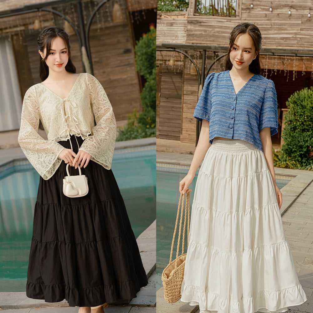 Voucher siêu sale 15% OLV - Chân váy xòe dài 2 màu Skirt