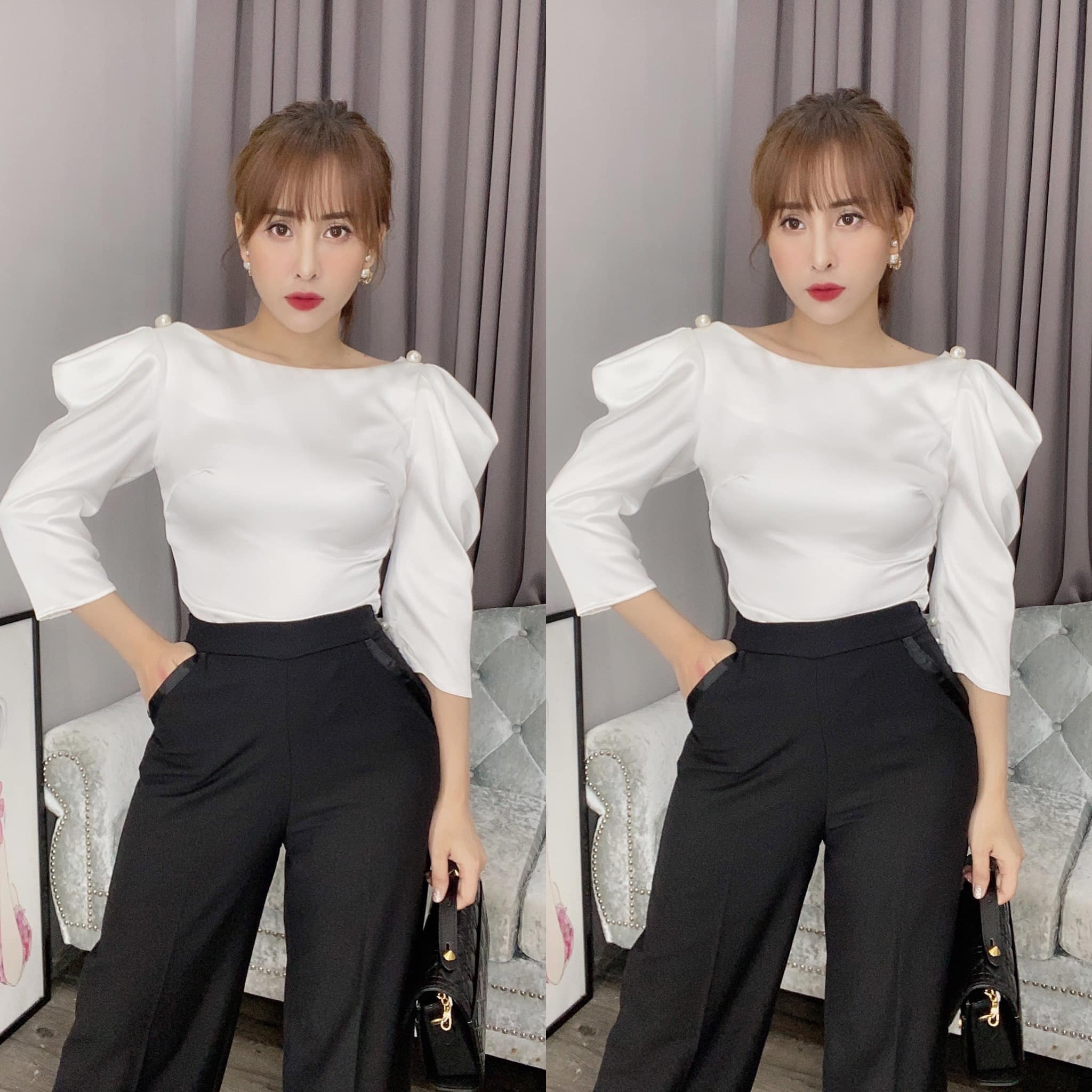 [HCM]Áo Lụa Tay Phồng Vai Đính Châu (ẢNH THẬT)