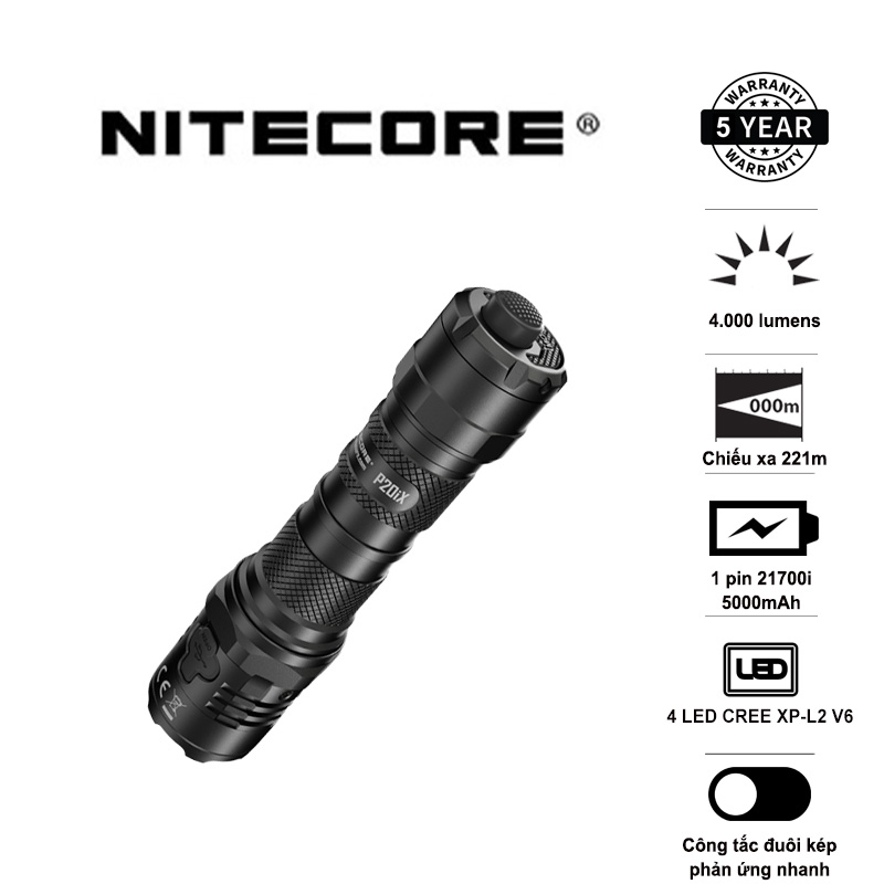 Đèn pin tác chiến nitecore p20ix sáng 4.000 lm chiếu xa 221m pin sạc 21700i - 5000mah
