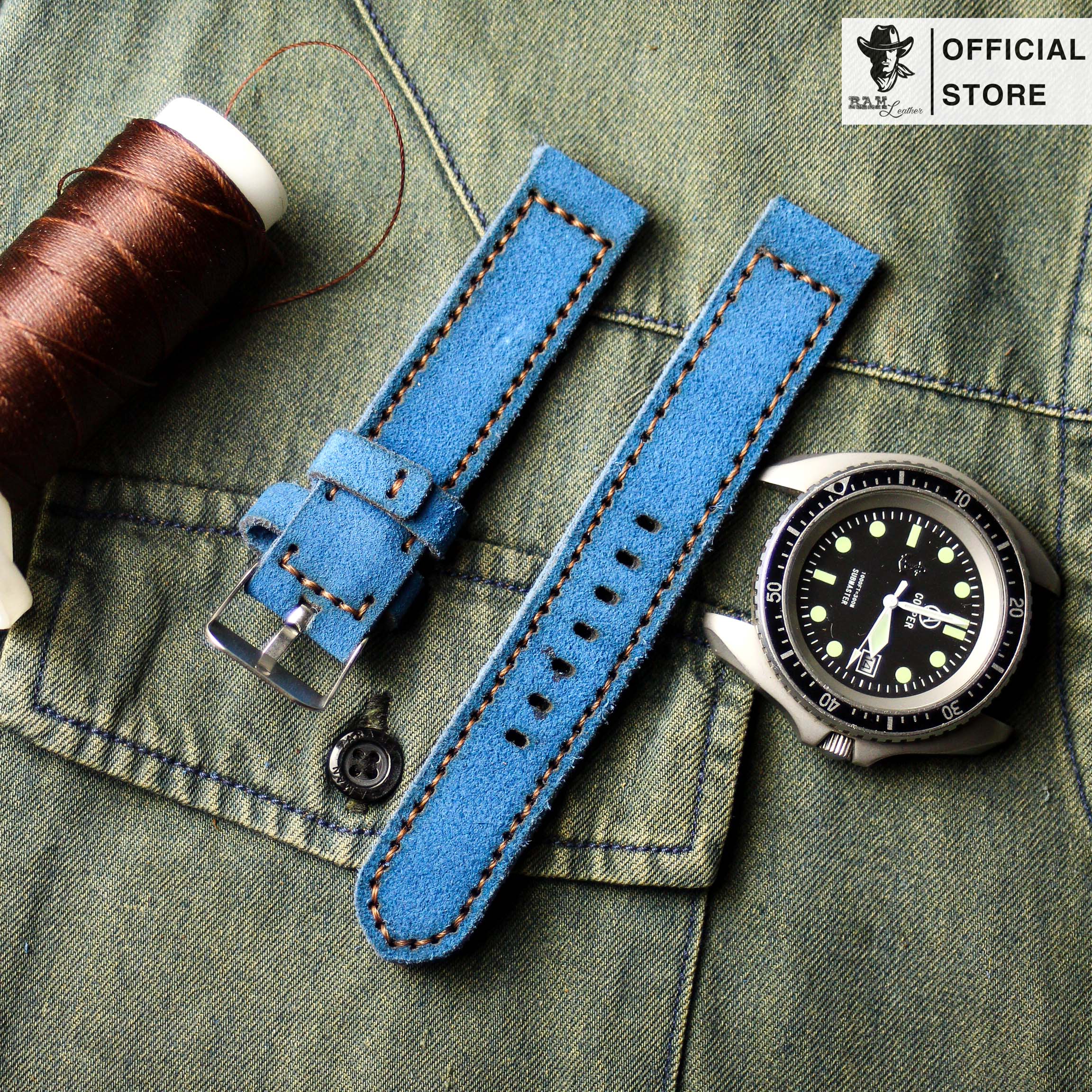 Dây da đồng hồ Siêu bền Da Bò Bản Bền Đẹp RAM Leather Classic 1963 Xanh Coban Chính Hãng RAM Leather
