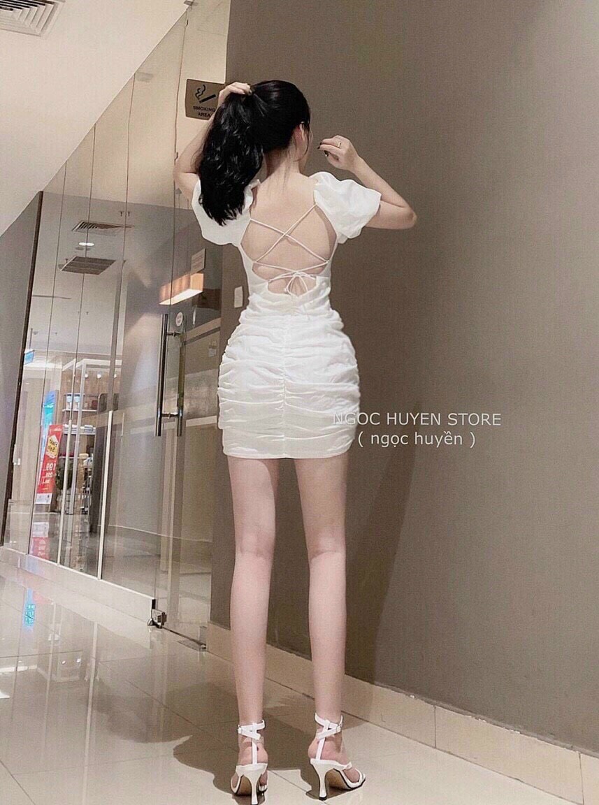 Đầm nữ tay phồng cổ vông, đầm nữ hở lưng dây chéo, đầm nữ sang chảnh đi chơi, đầm nữ tay phồng ôm eo tôn dáng, đầm kiểu cổ vuông tay phồng