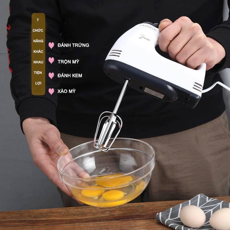 Máy đánh trứng kem bơ cầm tay, máy làm bánh 7 tốc độ tặng 4 que làm bánh, đánh trứng chính hãng bảo hành 12 tháng