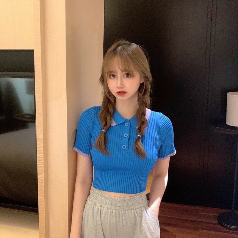 Áo len mông cộc tay croptop cổ bẻ pha viền cổ hot hit